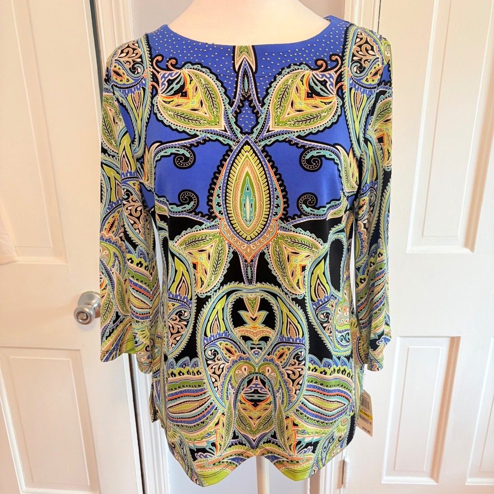 JM Collection Women PM Top Blue Paisley 3/4 Sleeve Boat Neck Studded Boho